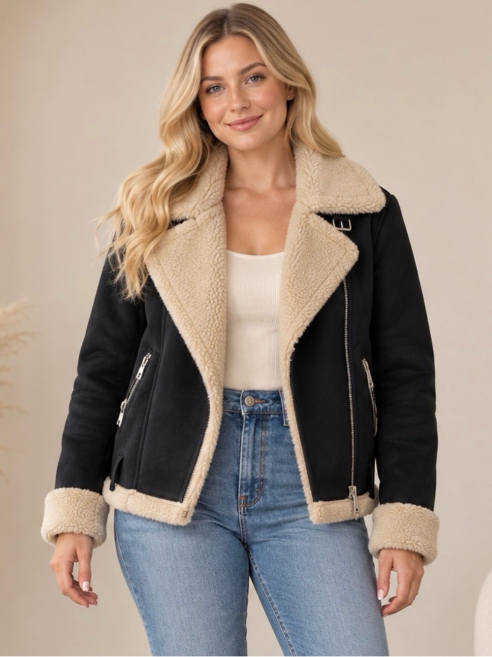 Womens Black Jacket with Cream Sherpa Trim